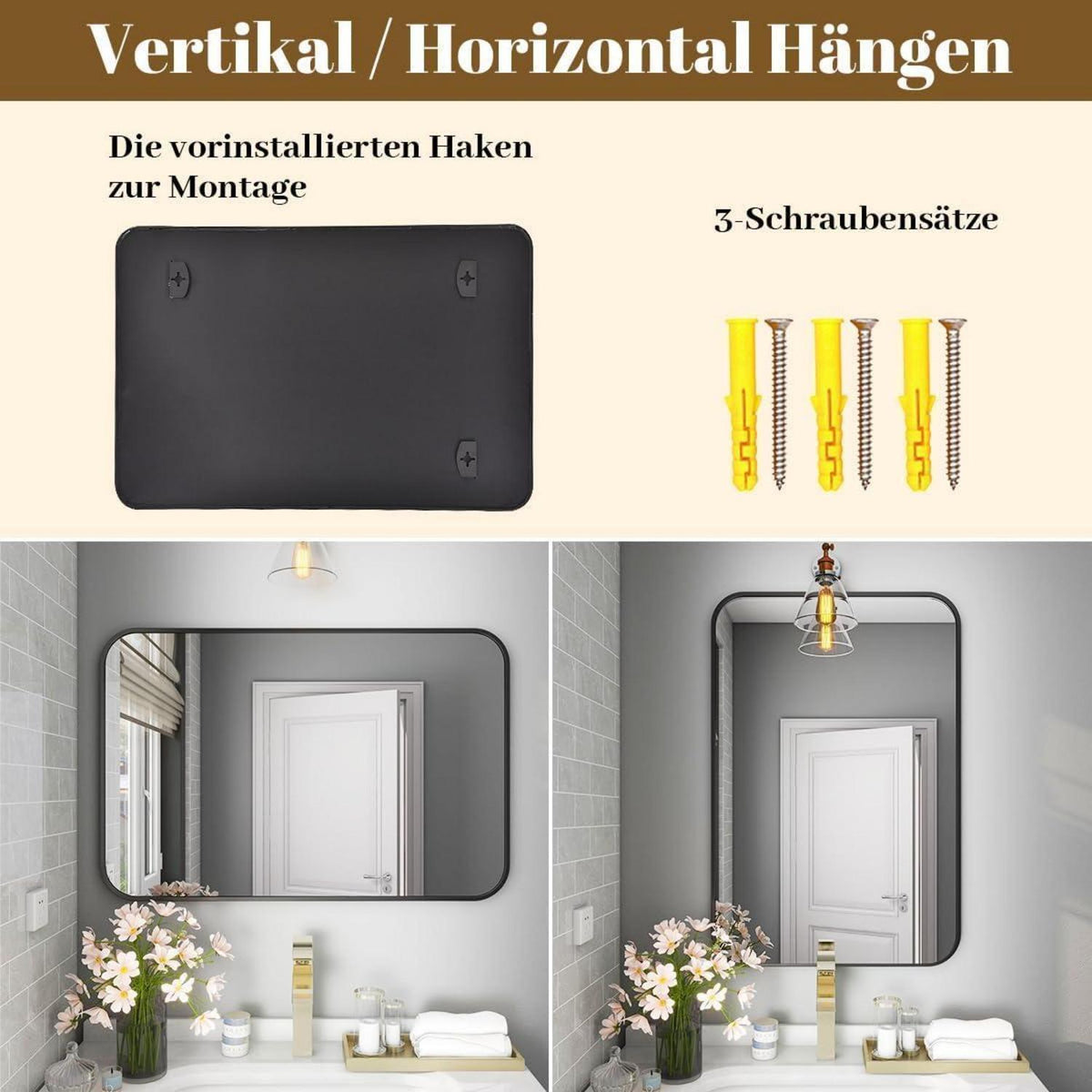 Moderner Badspiegel 61x91cm mit Alurahmen Schwarz