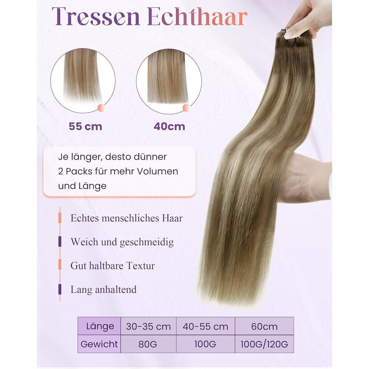 Echthaar Tressen zum Einnähen Hellbraun Balayage 40cm