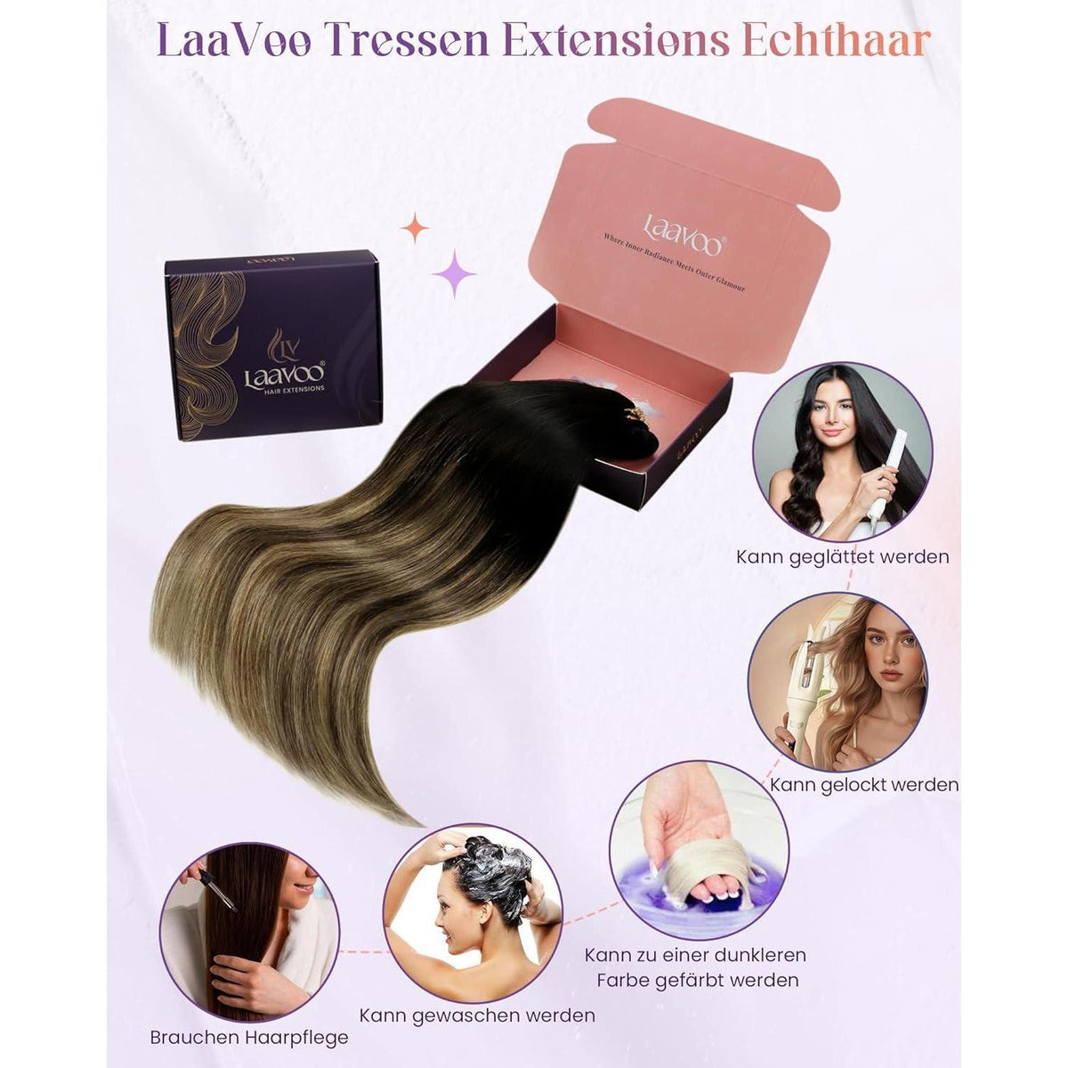 Echthaar Tressen zum Einnähen Balayage Braun 40cm