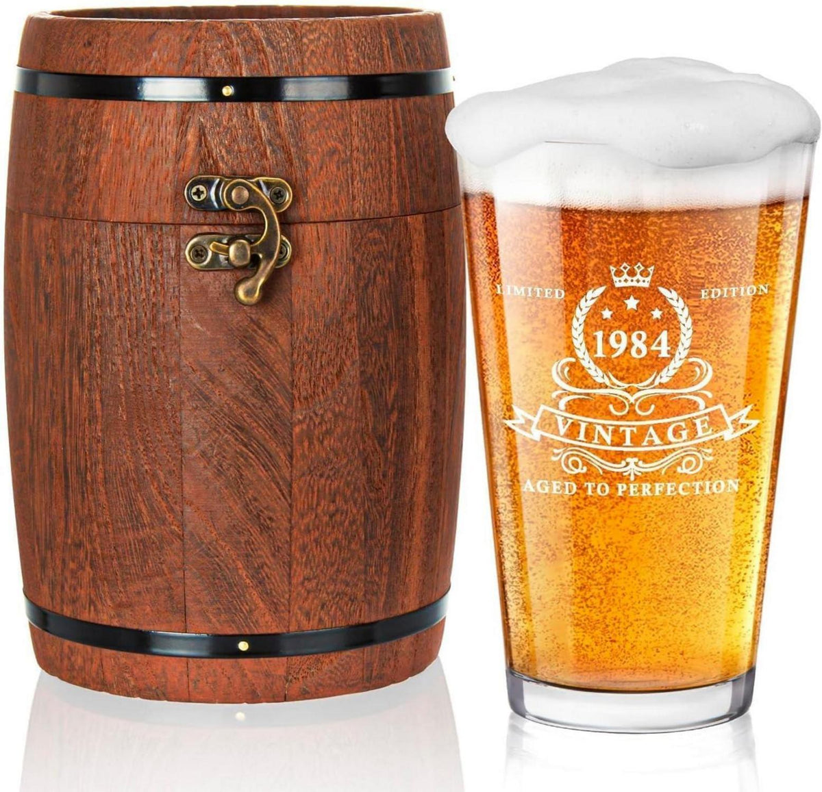 Vintage 1984 Bierglas in Holzfassbox - Geschenk zum 40. Geburtstag