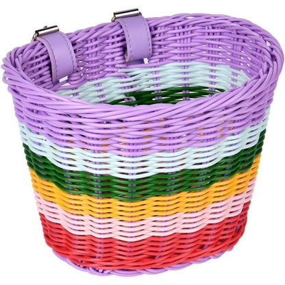 Kinder Fahrradkorb geflochten mit Riemen und Zubehör in Lederoptik