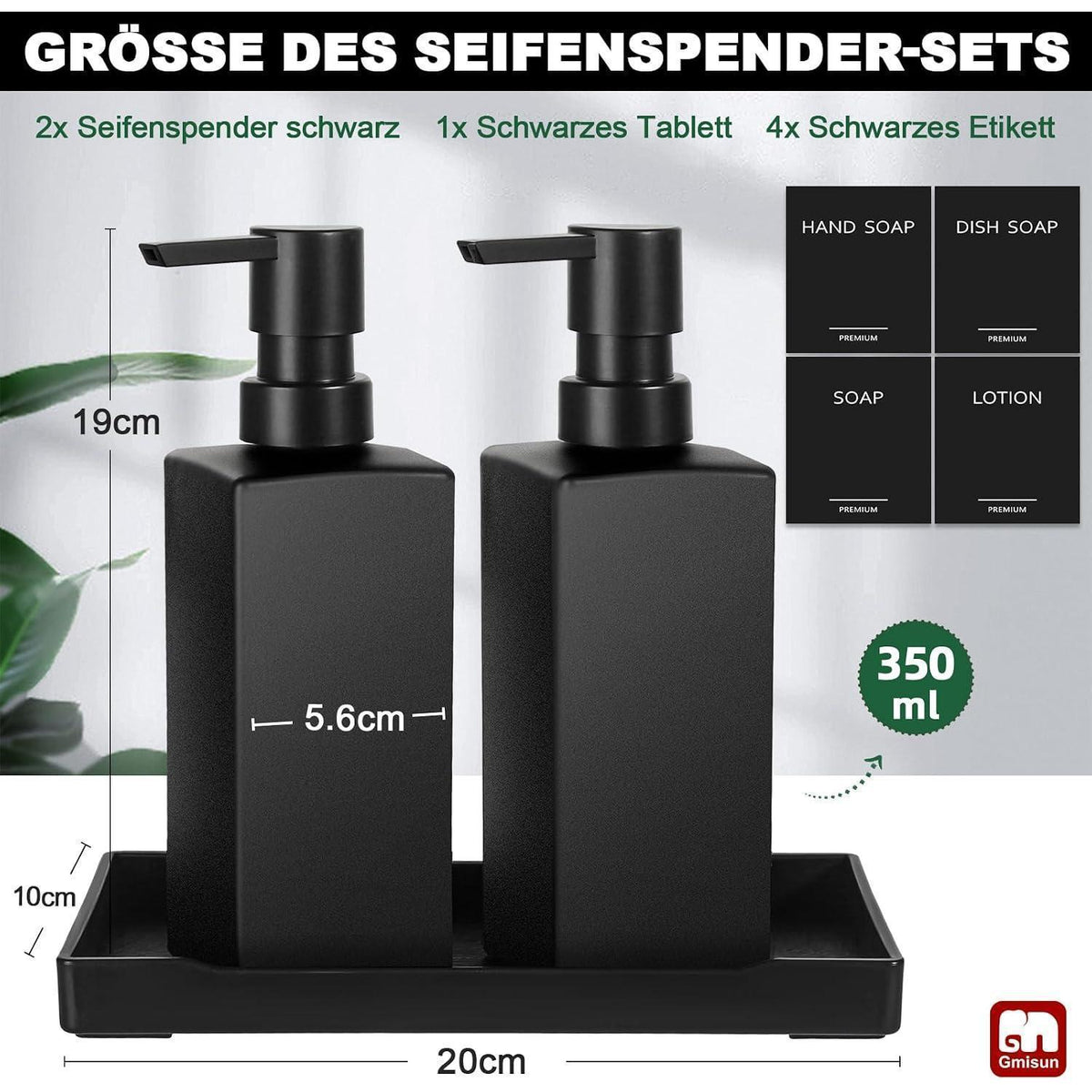 Moderner Seifenspender Set Schwarz Glas mit Tablett