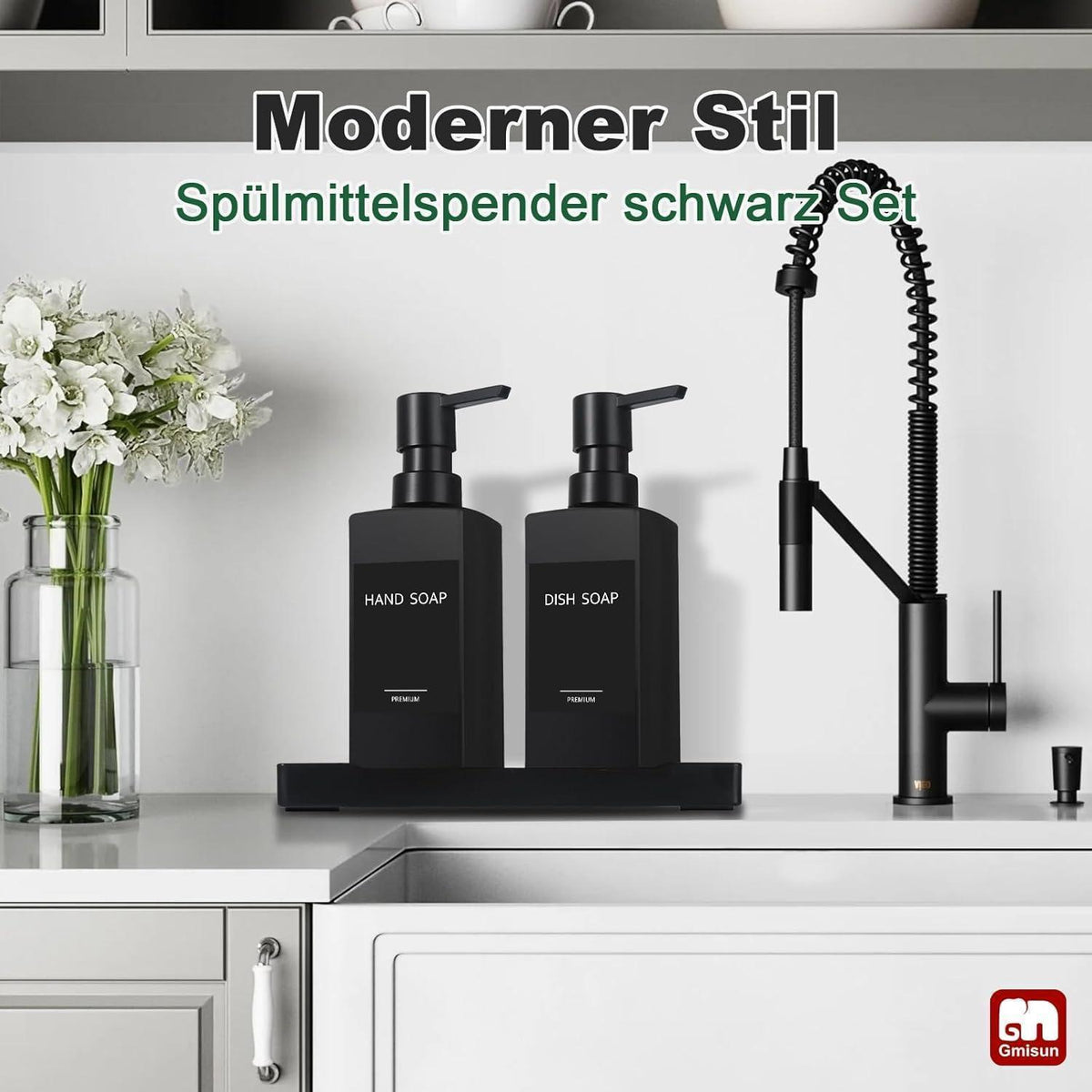 Moderner Seifenspender Set Schwarz Glas mit Tablett