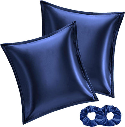 Satin Kissenbezug Dunkelblau 65x65 Set mit Haargummis