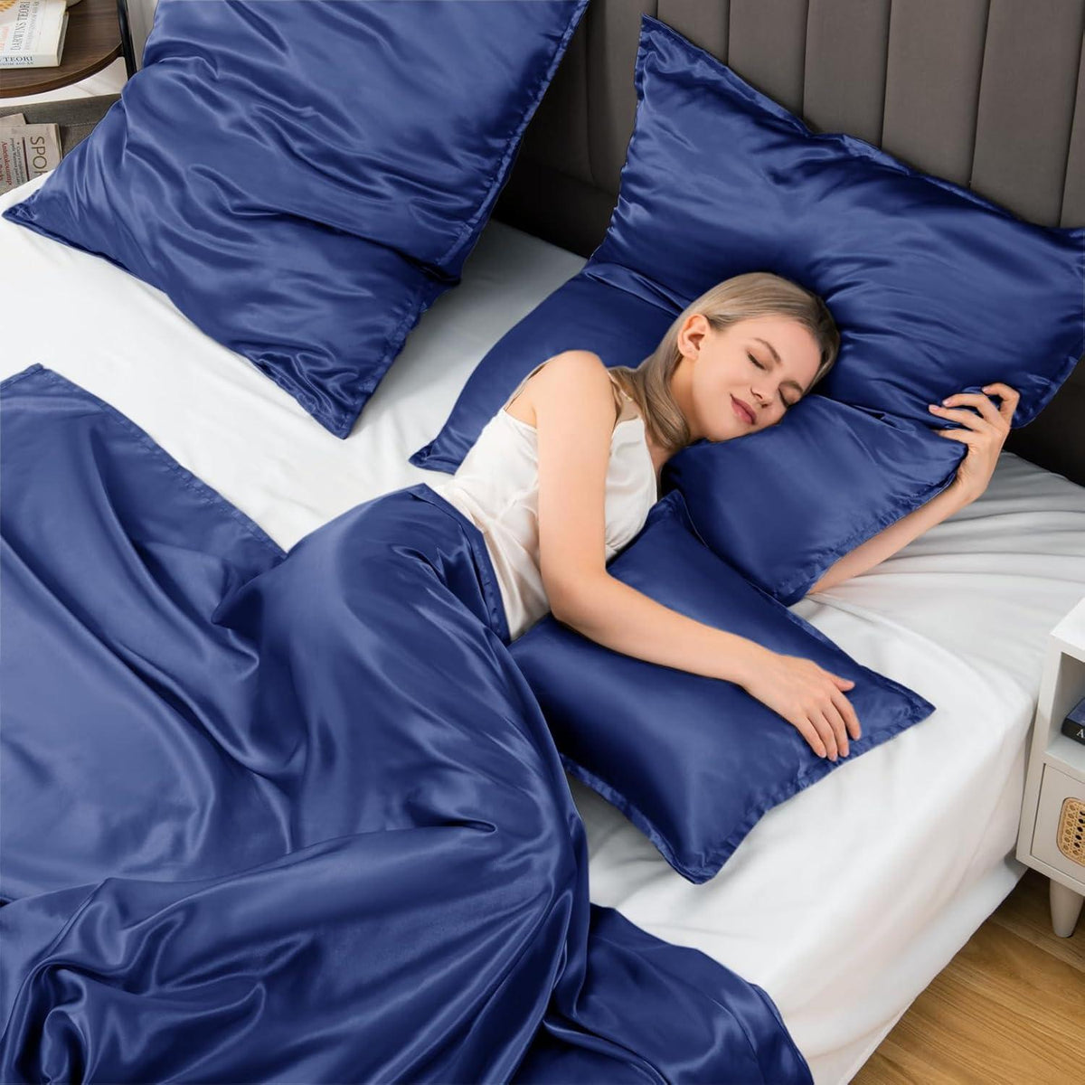 Satin Kissenbezug Set 60x60 Dunkelblau Haar Hautpflege 2er