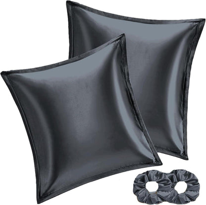 Satin Kissenbezug 65x65 Dunkelgrau 2er Set mit Haargummis
