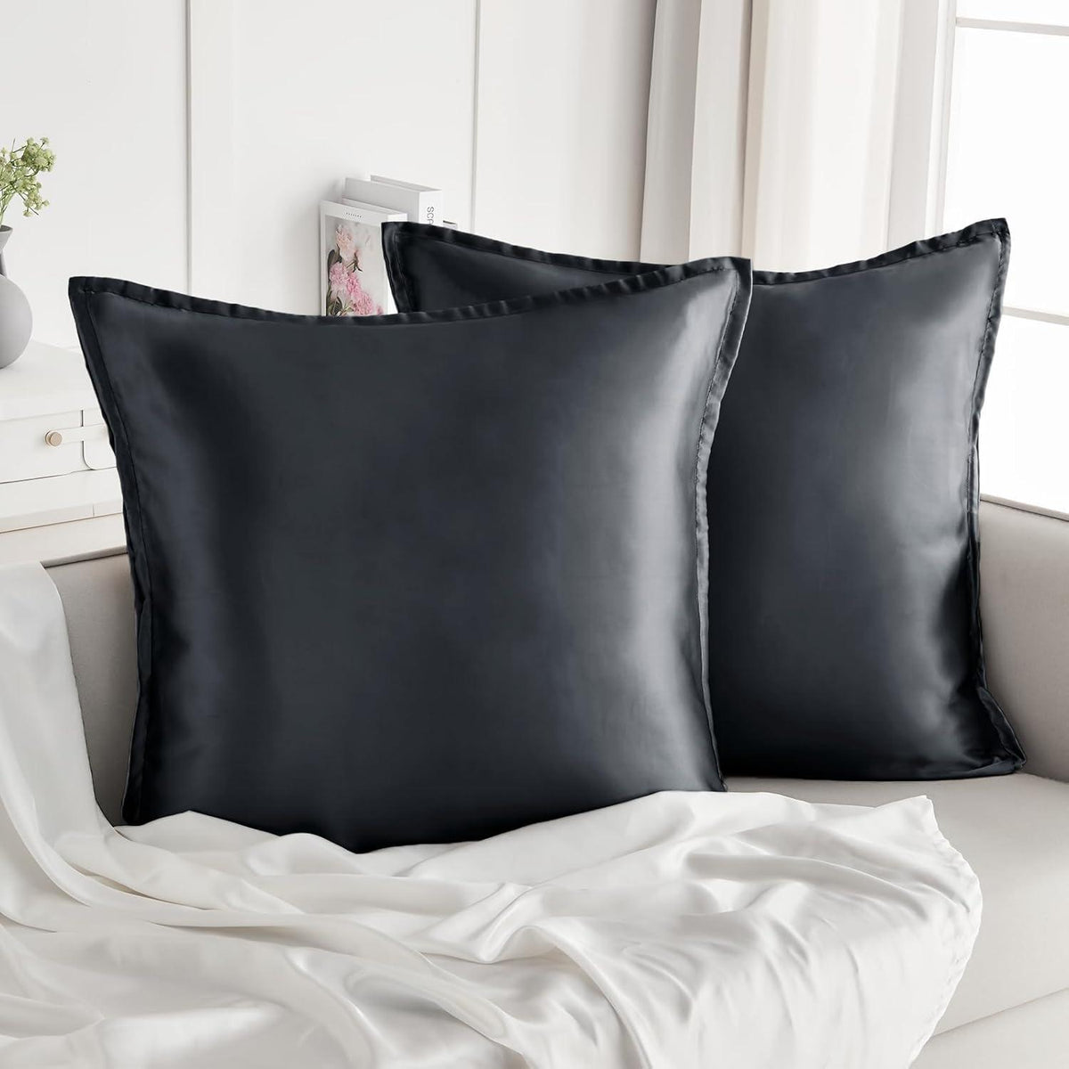 Satin Kissenbezug 65x65 Dunkelgrau 2er Set Haargummis Reißverschluss