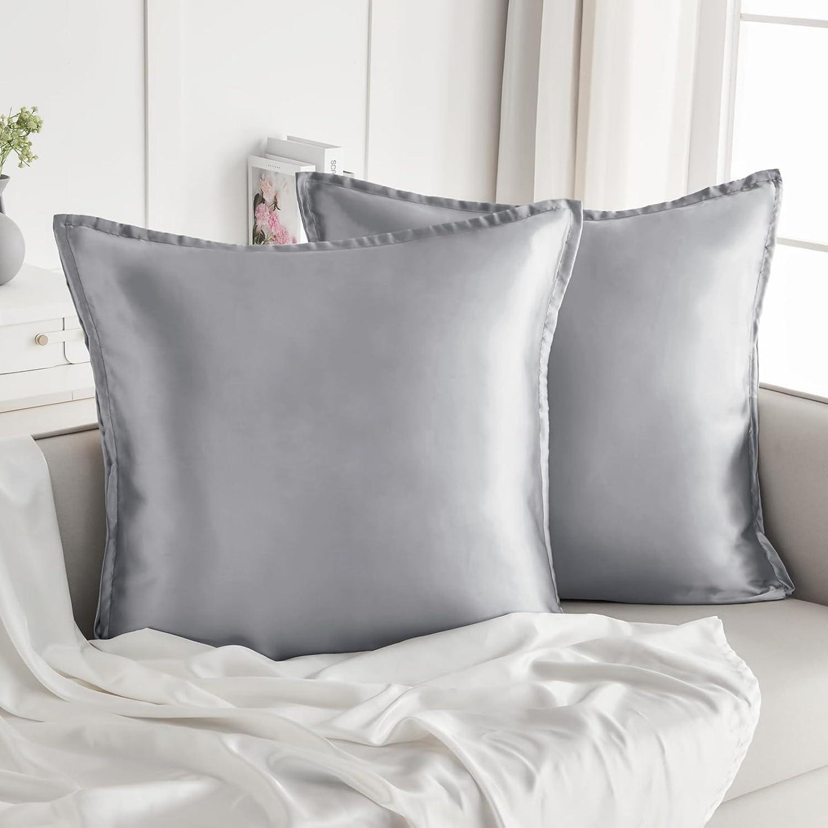 Satin Kissenbezug 65x65 Grau 2er Set Reißverschluss Haargummis