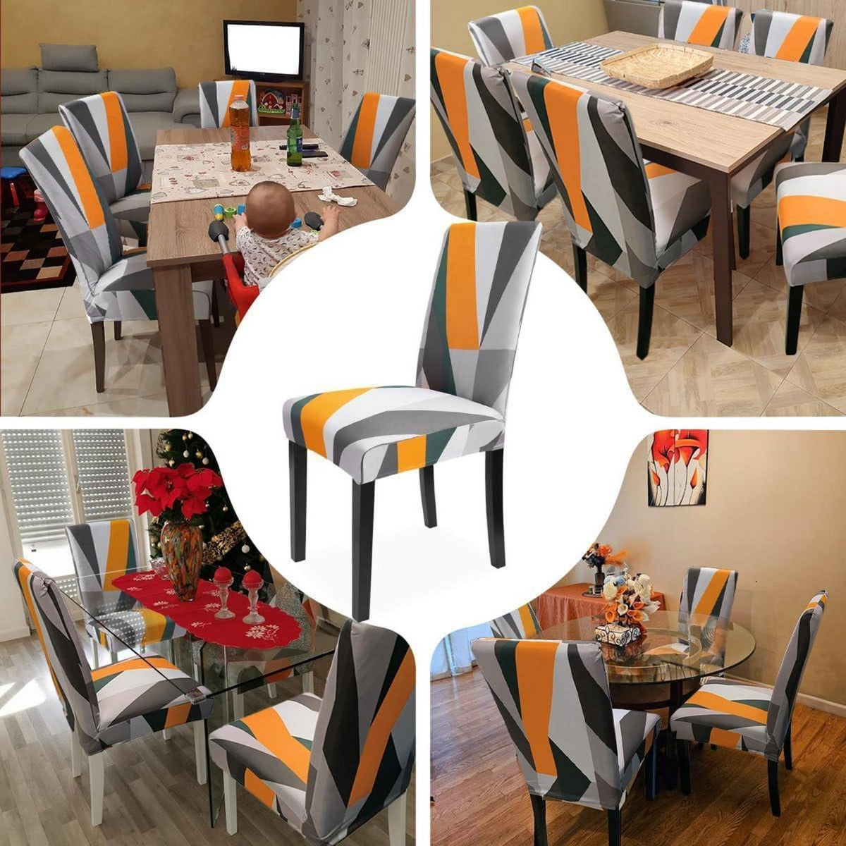 Stretch Stuhlhussen 6er Set – Geometrisches Orange-Weiß Muster