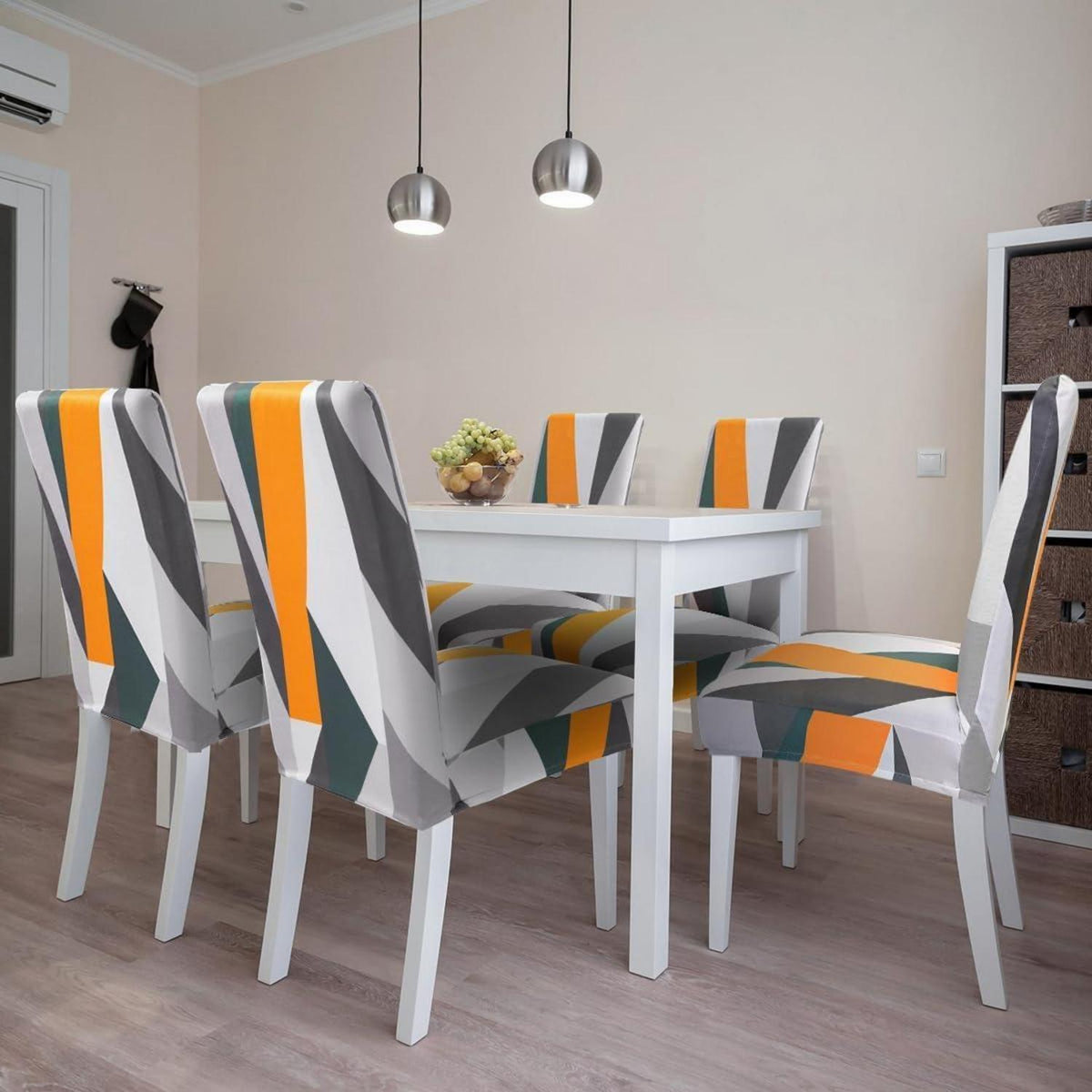 Stretch Stuhlhussen 6er Set – Geometrisches Orange-Weiß Muster