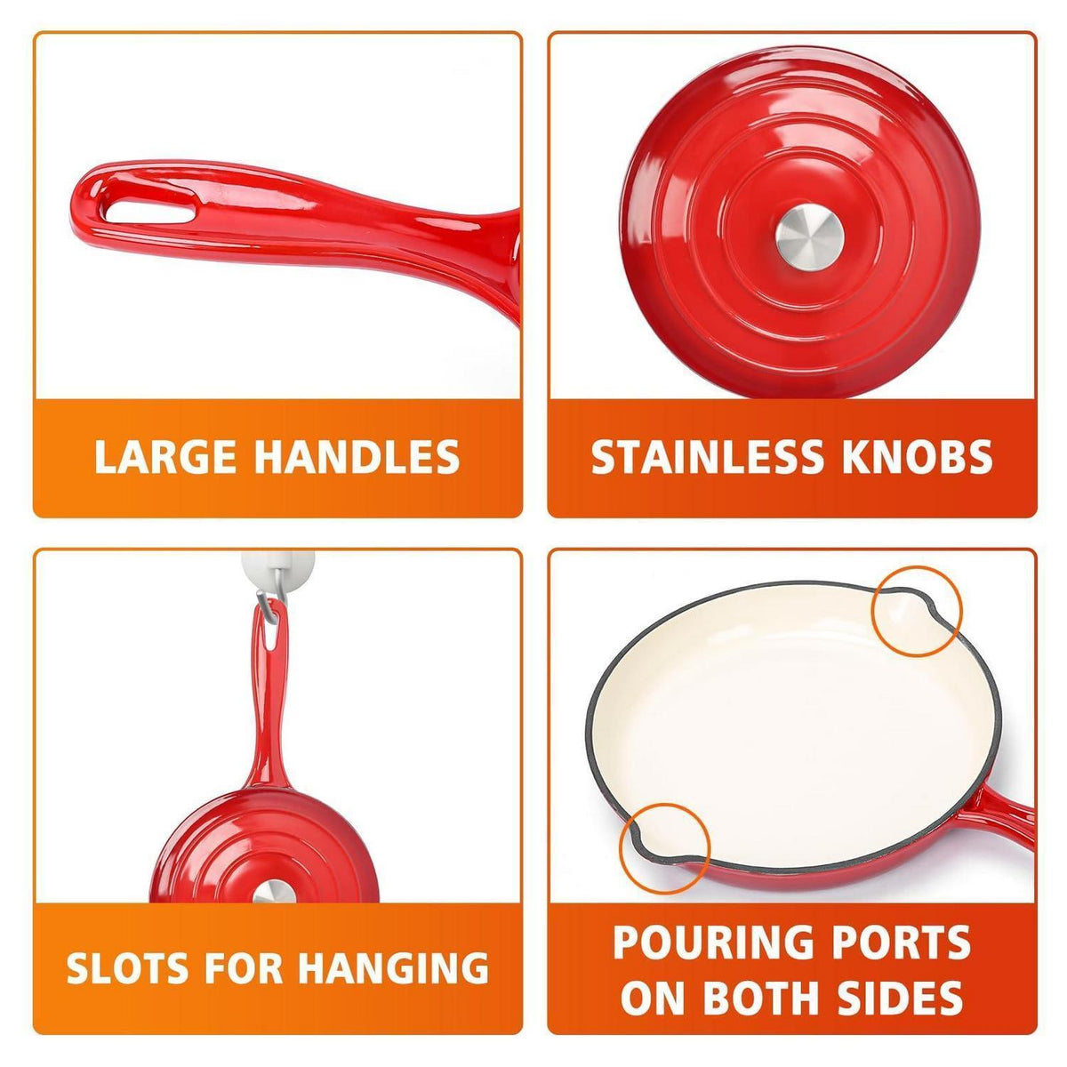 Gusseisen Kochgeschirr Set 7-teilig | Dutch Oven, Topf & Pfanne Rot