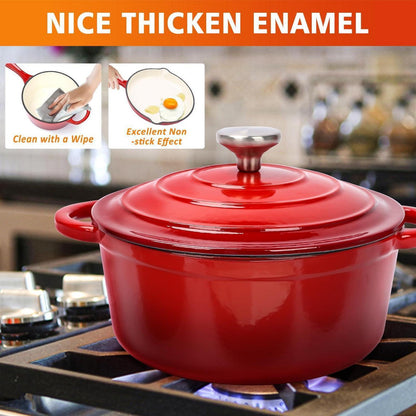 Gusseisen Kochgeschirr Set 7-teilig | Dutch Oven, Topf & Pfanne Rot