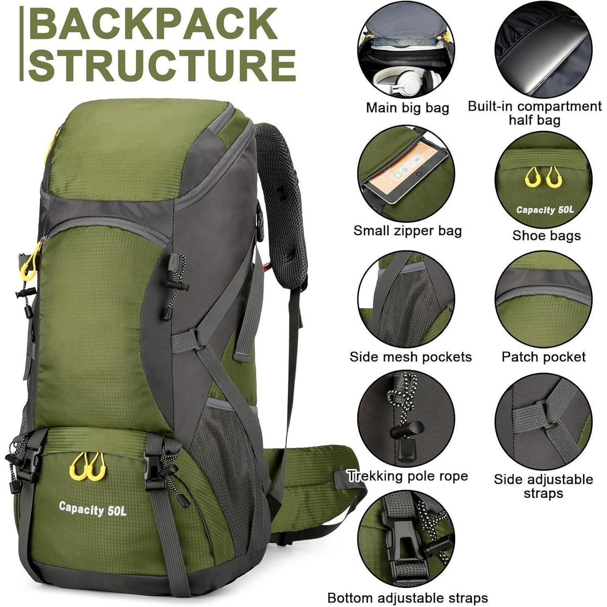 50L Wanderrucksack mit Regenhülle, Trekking- und Campingrucksack, Braun