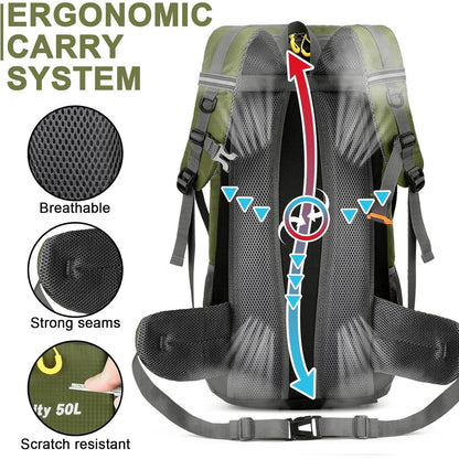 50L Wanderrucksack mit Regenhülle, Trekking- und Campingrucksack, Braun