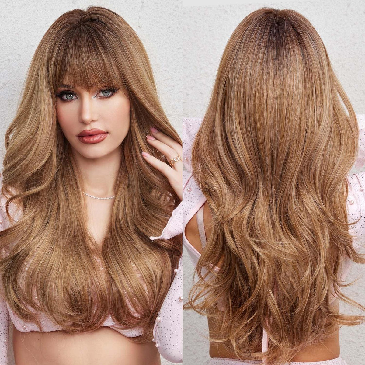 Ombre Blond Braun Lockenperücke mit Pony – Lang & Hitzebeständig
