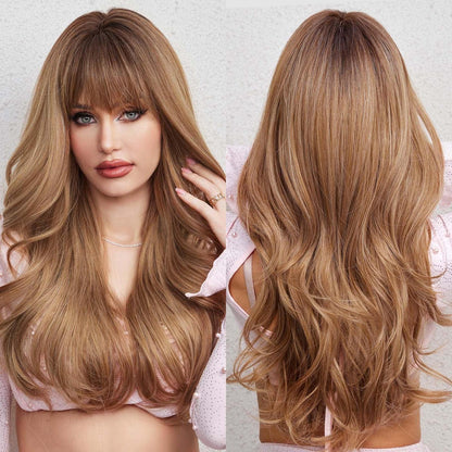 Ombre Blond Braun Lockenperücke mit Pony – Lang & Hitzebeständig