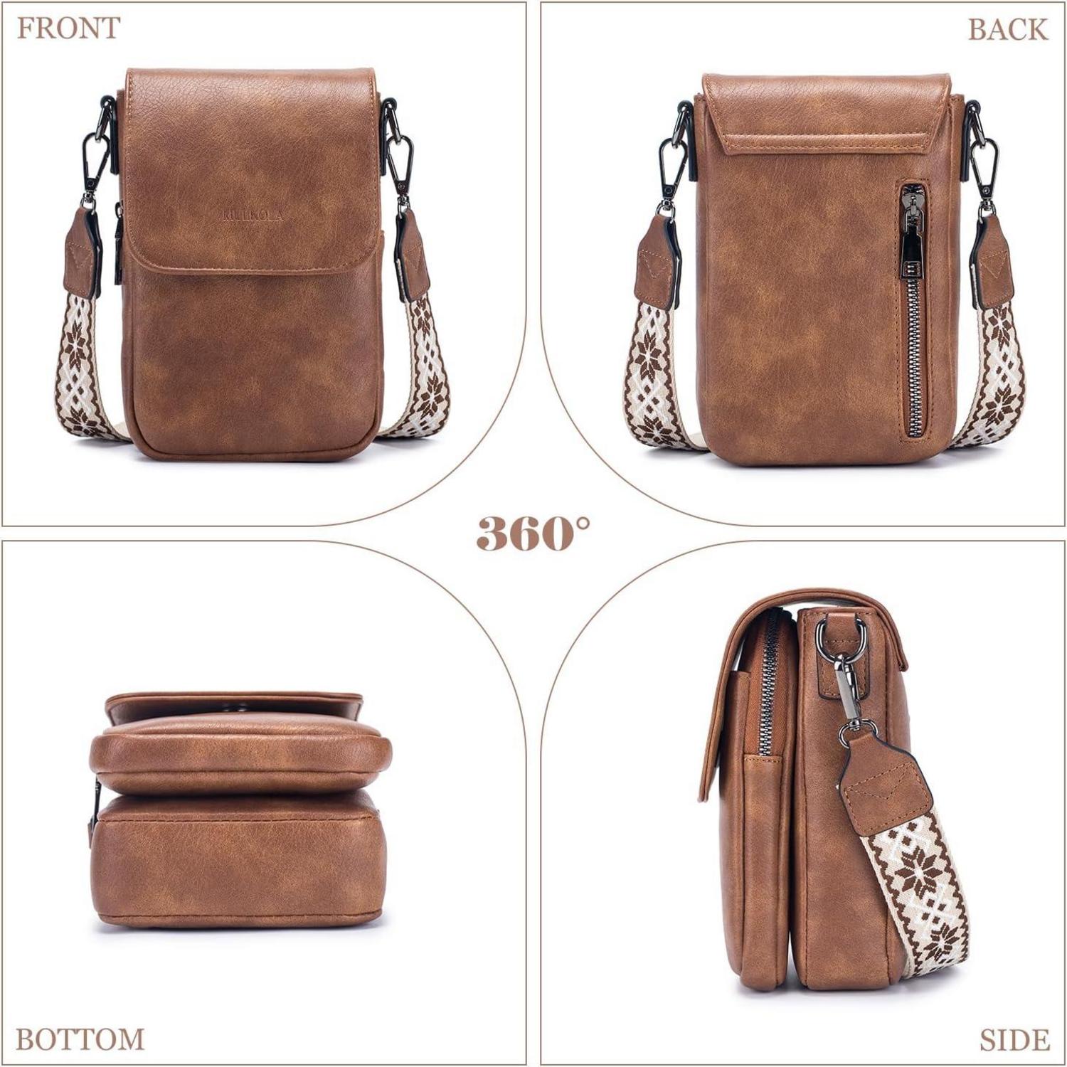 MUIIKOLA Damen Handytasche RFID Umhängetasche Leder große Kapazität Brown
