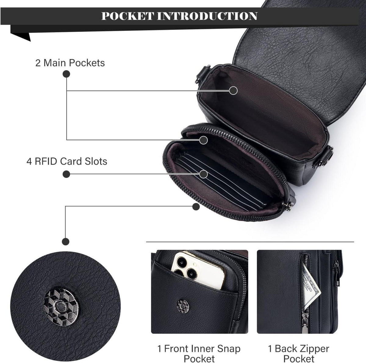 MUIIKOLA Handytasche Damen RFID-Blockierung UH Leder Gitarrengurt Black