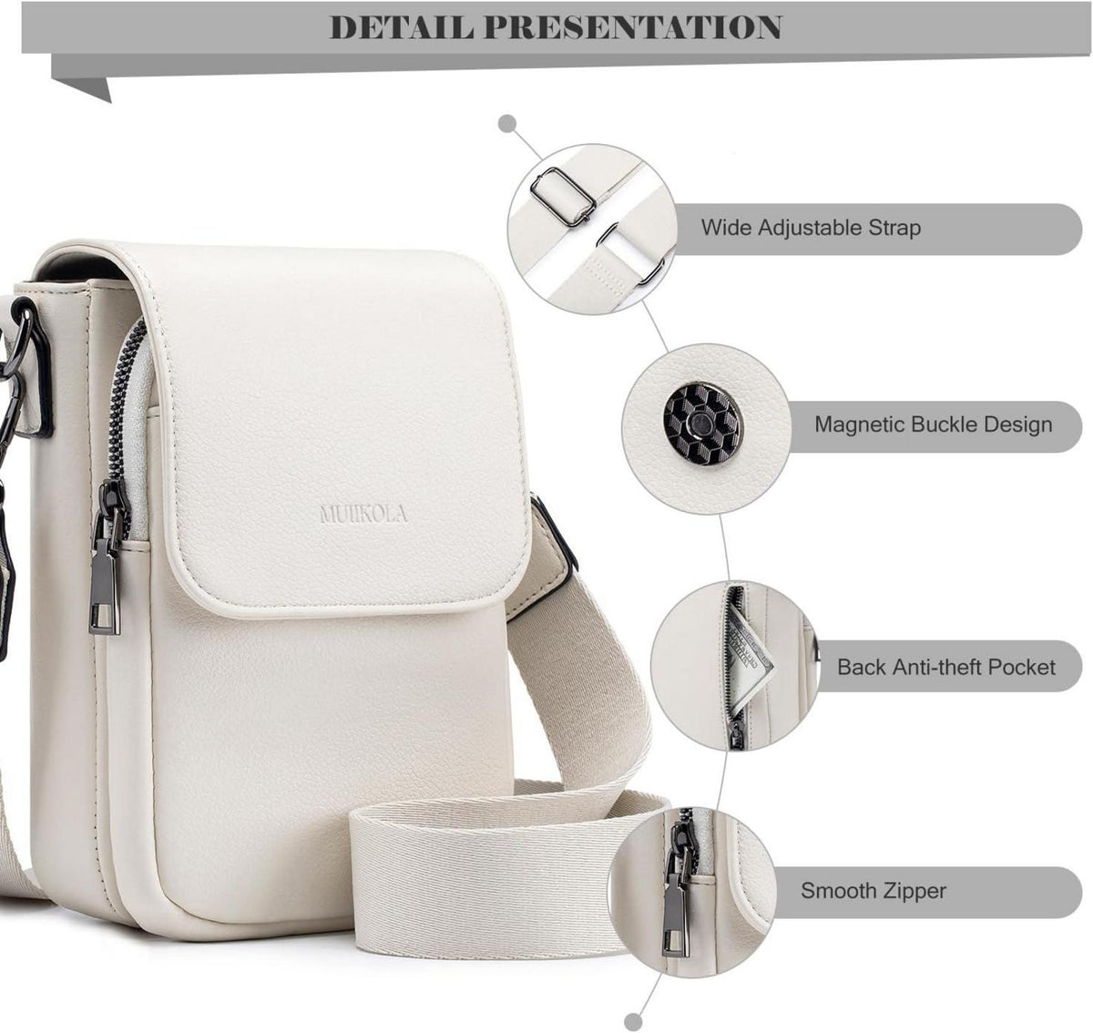 MUIIKOLA RFID-Damen Umhängetasche Leder groß Beige