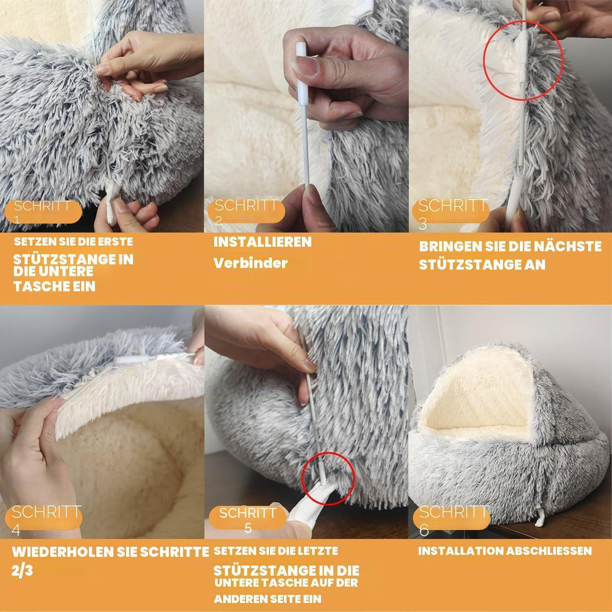 Hundehöhle mit Kapuze & Stützen – Grau, 60cm – Kuschelbett