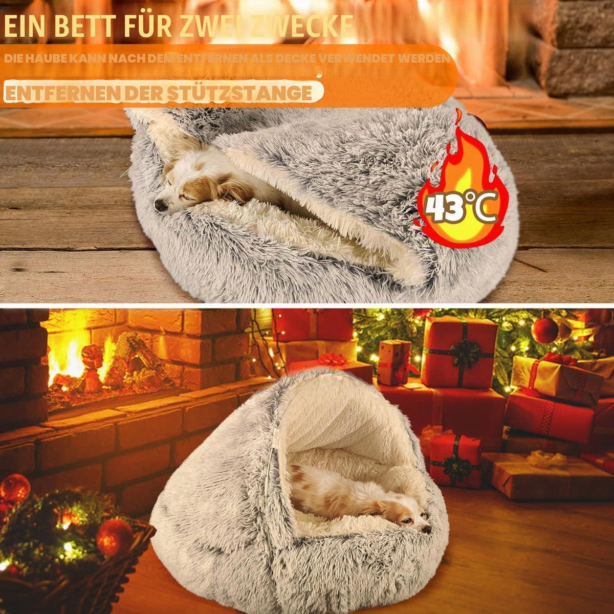 Hundehöhle mit Kapuze & Stützen – Grau, 60cm – Kuschelbett