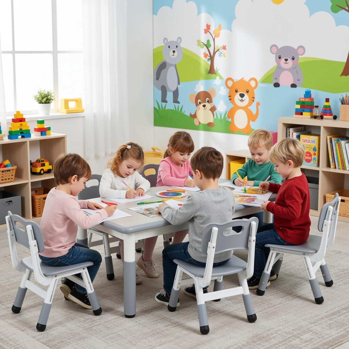 Kindertisch mit 6 Stühlen, höhenverstellbar, Grau