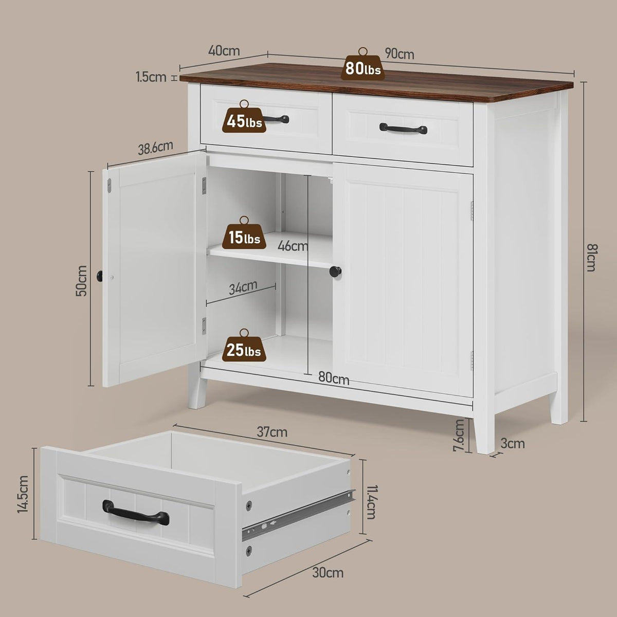Bealife Sideboard mit Arbeitsplatte | Buffet Schrank Braun