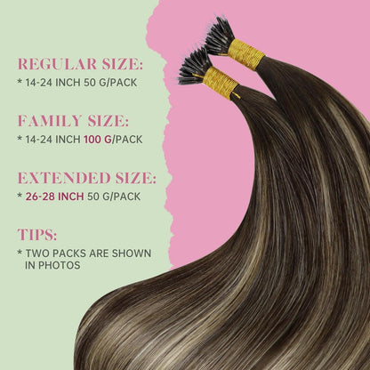 Echthaar Nano Ring Extensions Dunkelbraun Ombre Aschblond 40cm
