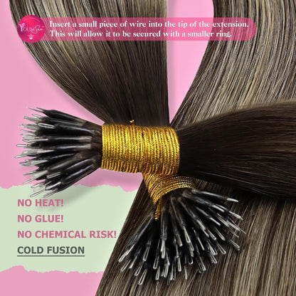 Echthaar Nano Ring Extensions Dunkelbraun Ombre Aschblond 40cm
