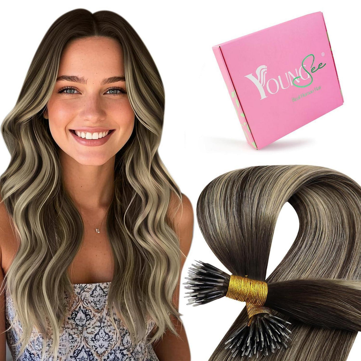 Echthaar Nano Ring Extensions Dunkelbraun Ombre Blonde 50cm