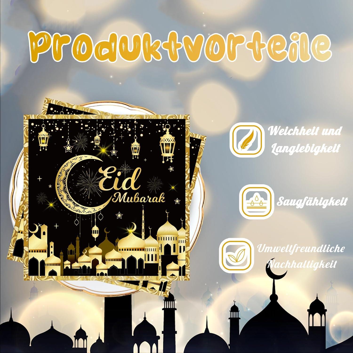 Ramadan Servietten Schwarz Gold Eid Mubarak Deko 40Stück