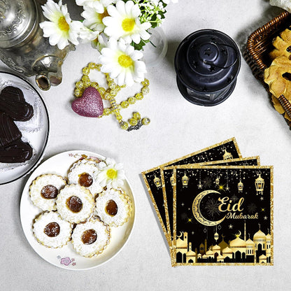 Servietten Eid Mubarak Ramadan Deko Schwarz Gold 40Stück 33x33cm
