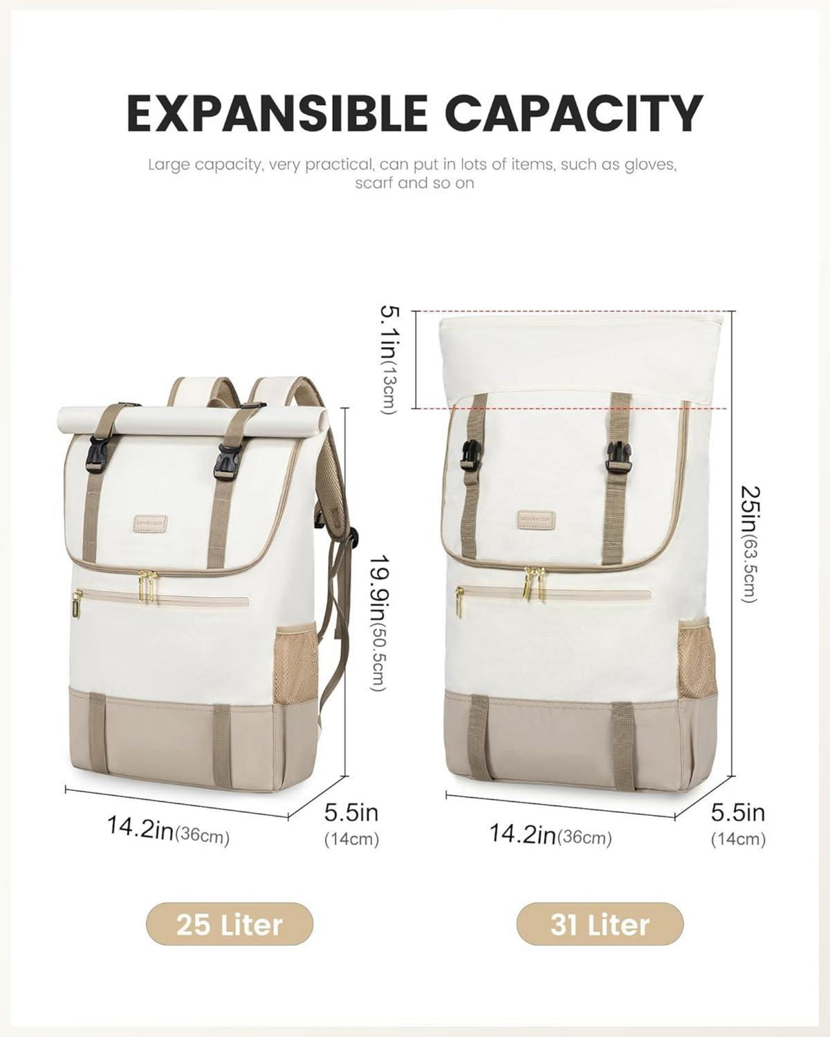 Moderne Rolltop Laptoprucksack 17,3 Zoll Uni Business Reise - Beige Khaki