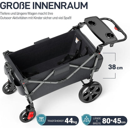 Faltbarer Bollerwagen für 2 Kinder mit Dach und Wickelrucksack