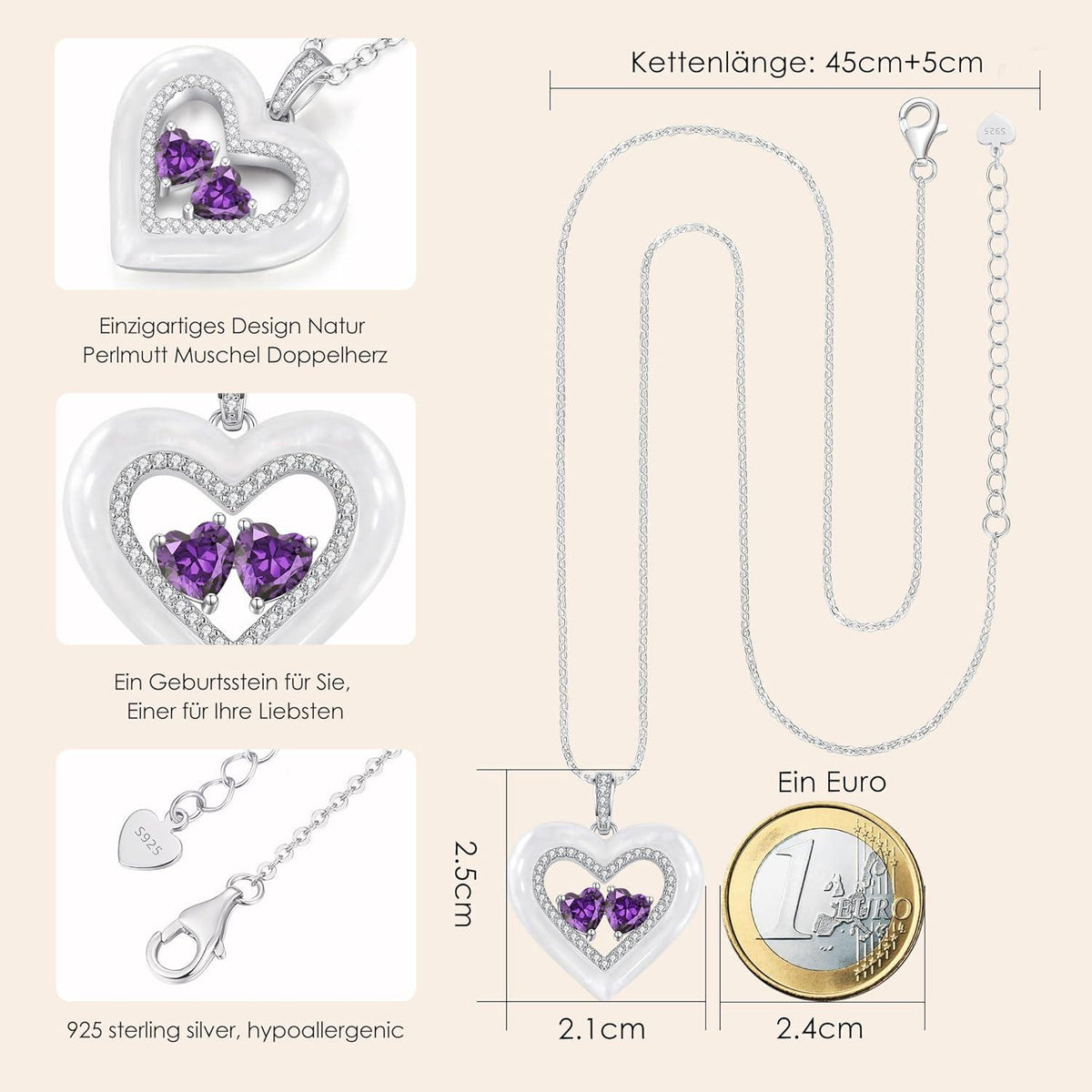Damen Shell Doppel Herz Halskette Sterling Silber 925 mit Anhänger