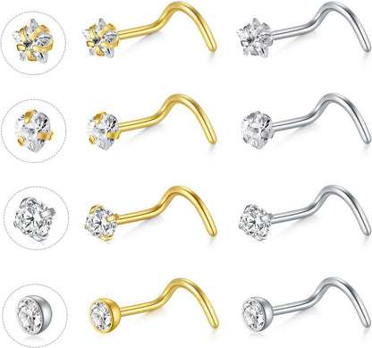 Nasenpiercing Set Kristall Herz Stern CZ Nasenring Silber Gold