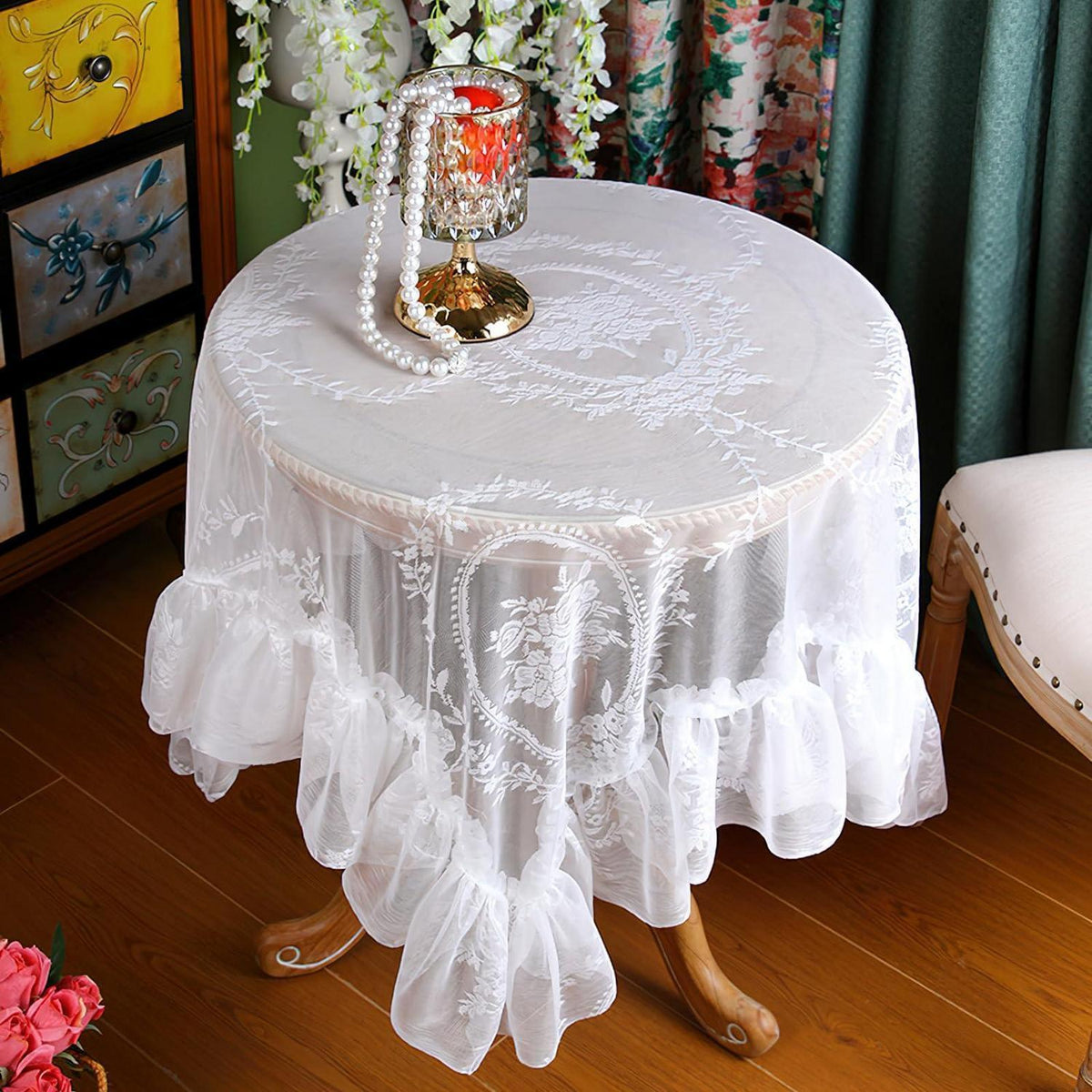 Vintage Spitze Tischdecke Blumenstickerei 150x150cm