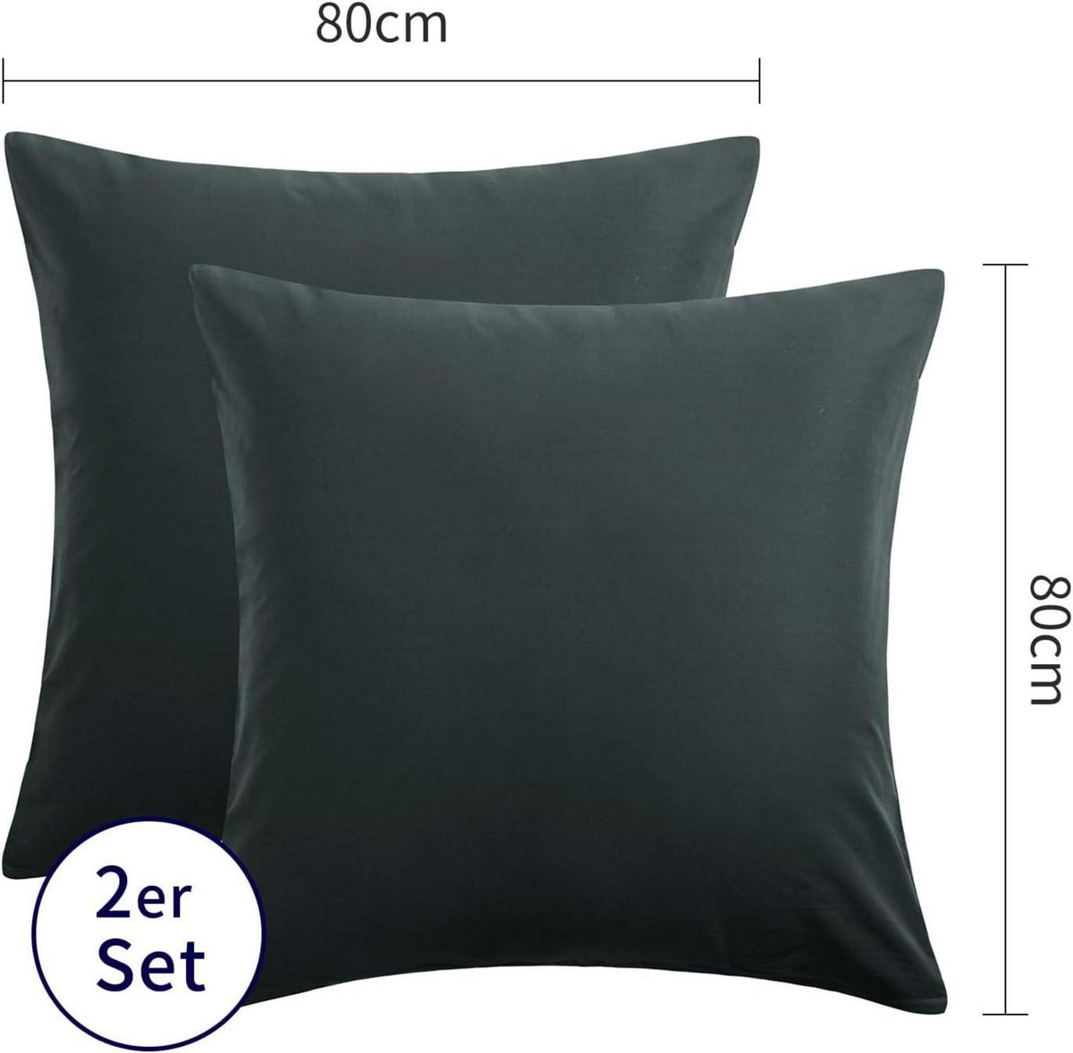 Kissenbezug 80x80 Grau Baumwolle 2er Set Anthrazit mit Reißverschluss