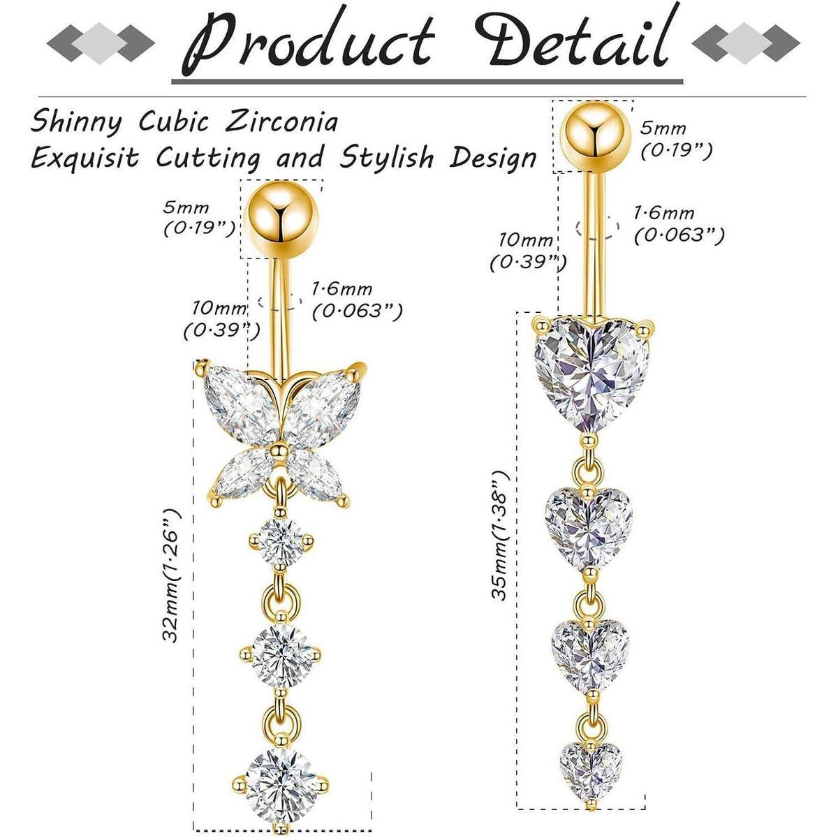 Bauchnabelpiercing 10mm Herz Anhänger 14G Edelstahl Silber Gold 2 Stück