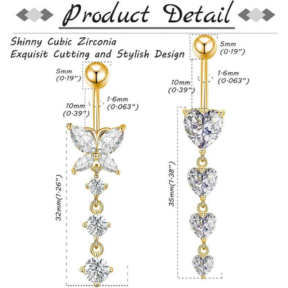 Bauchnabelpiercing 10mm Herz Anhänger 14G Edelstahl Silber Gold 2 Stück