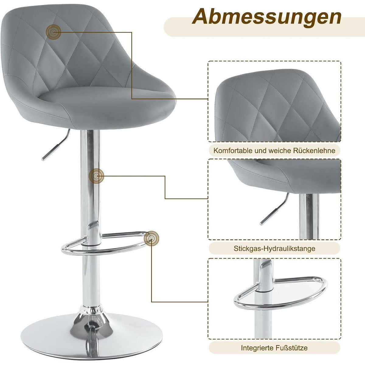 LEADZM Barhocker 2er Set, Höhenverstellbar & Drehbar, Grau