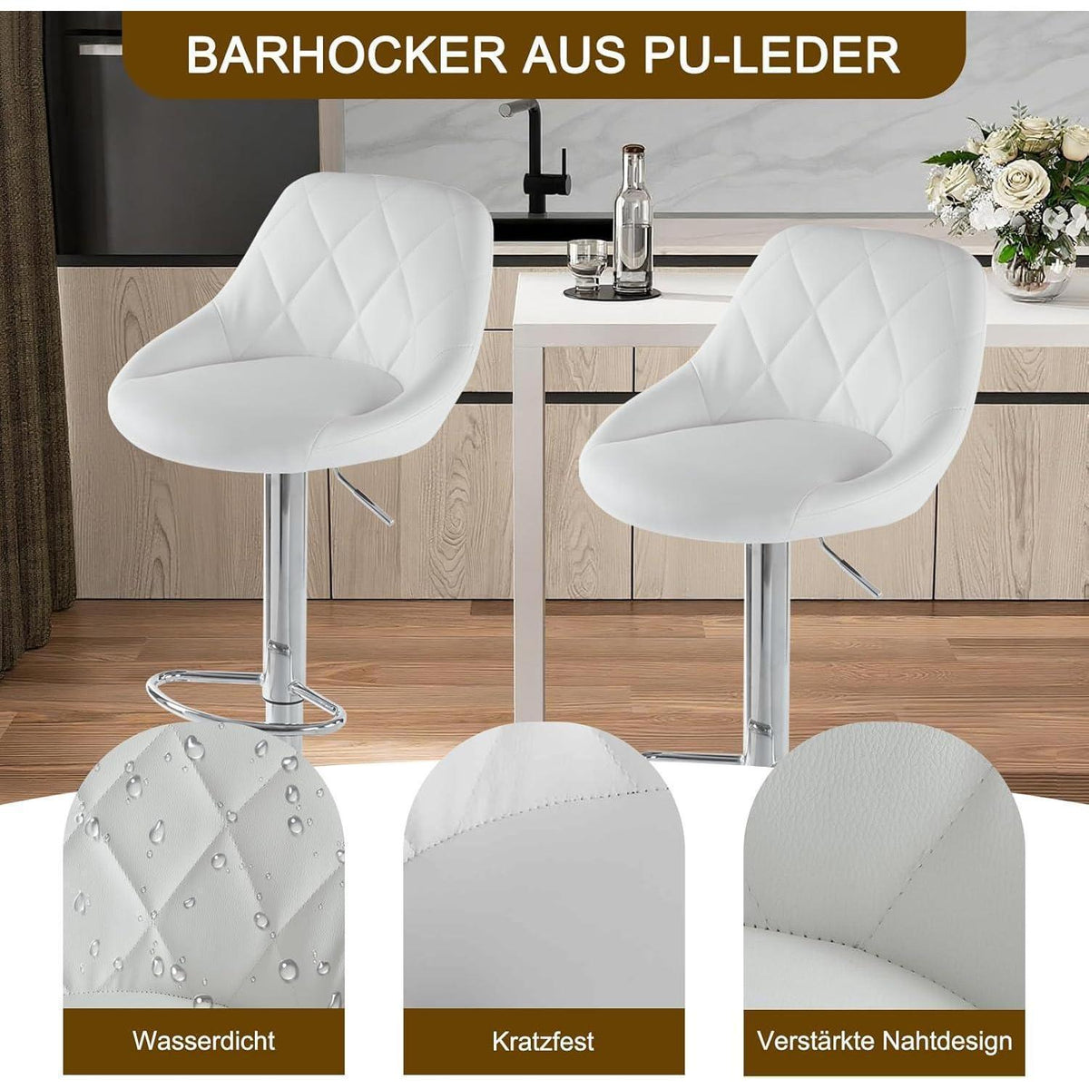 LEADZM Barhocker 2er Set, Weiß – Höhenverstellbar & Drehbar