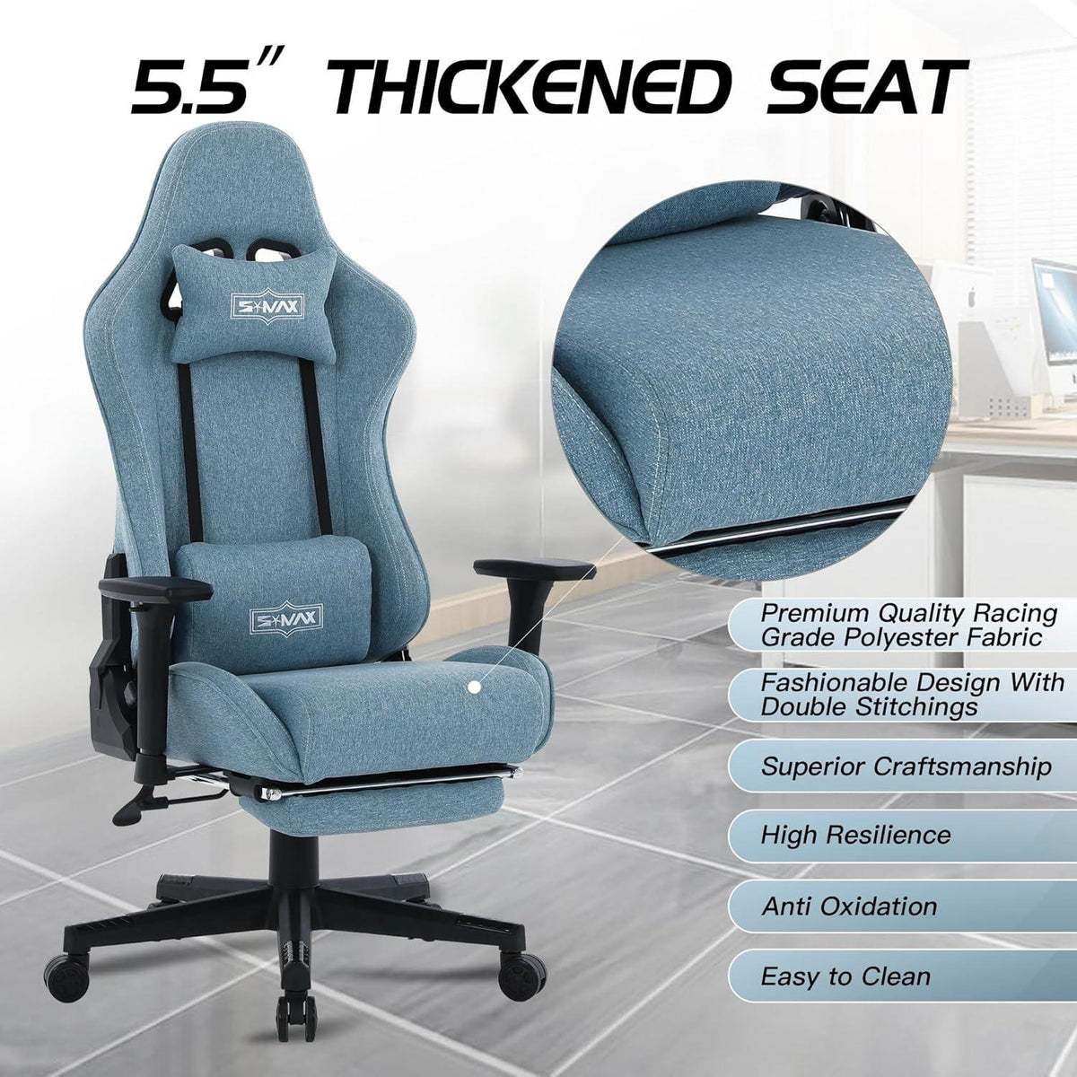Gaming Stuhl Stoff Blau mit Fußstütze 3D Armlehne ergonomischer Sitz