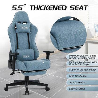 Gaming Stuhl Stoff Blau mit Fußstütze 3D Armlehne ergonomischer Sitz