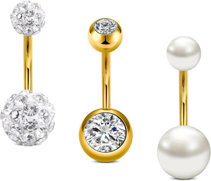 Bauchnabelpiercing Set mit CZ Kristallen Gold Silber 14G 3er Set
