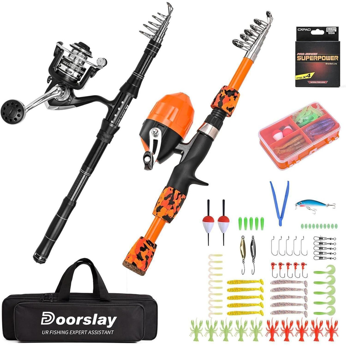 Angelset für Erwachsene & Kinder, Teleskop-Angelrute aus Carbon, Orange