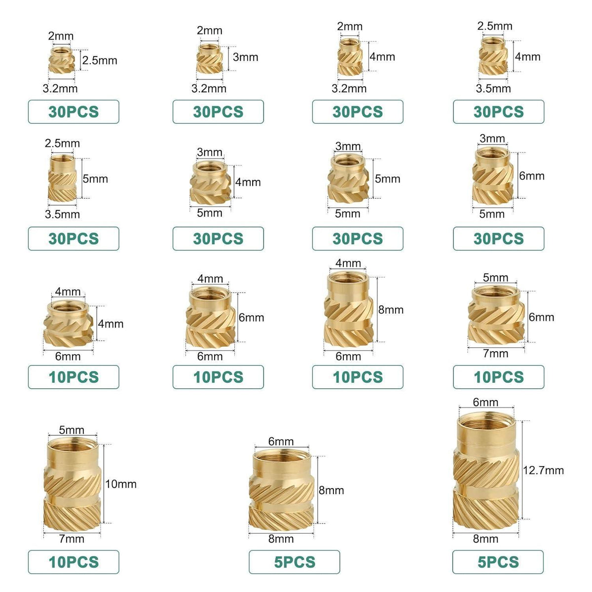 300x Messing Gewindeeinsätze für 3D Druck, M2-M6 Rändelmuttern