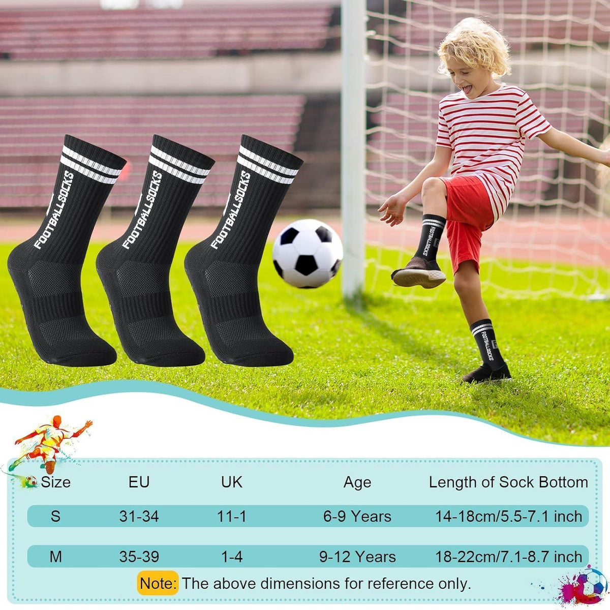 3 Paar Kinder Fußballsocken mit Anti-Rutsch-Grip, Gr. 31-34 Schwarz