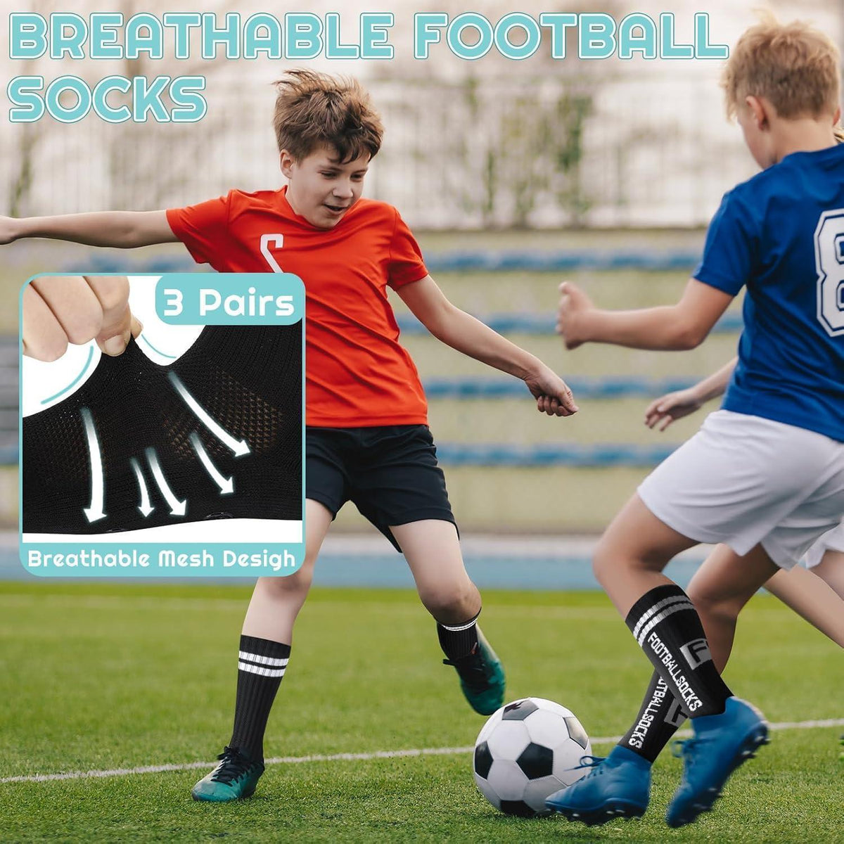 3 Paar Kinder Fußballsocken mit Anti-Rutsch-Grip, Gr. 31-34 Schwarz
