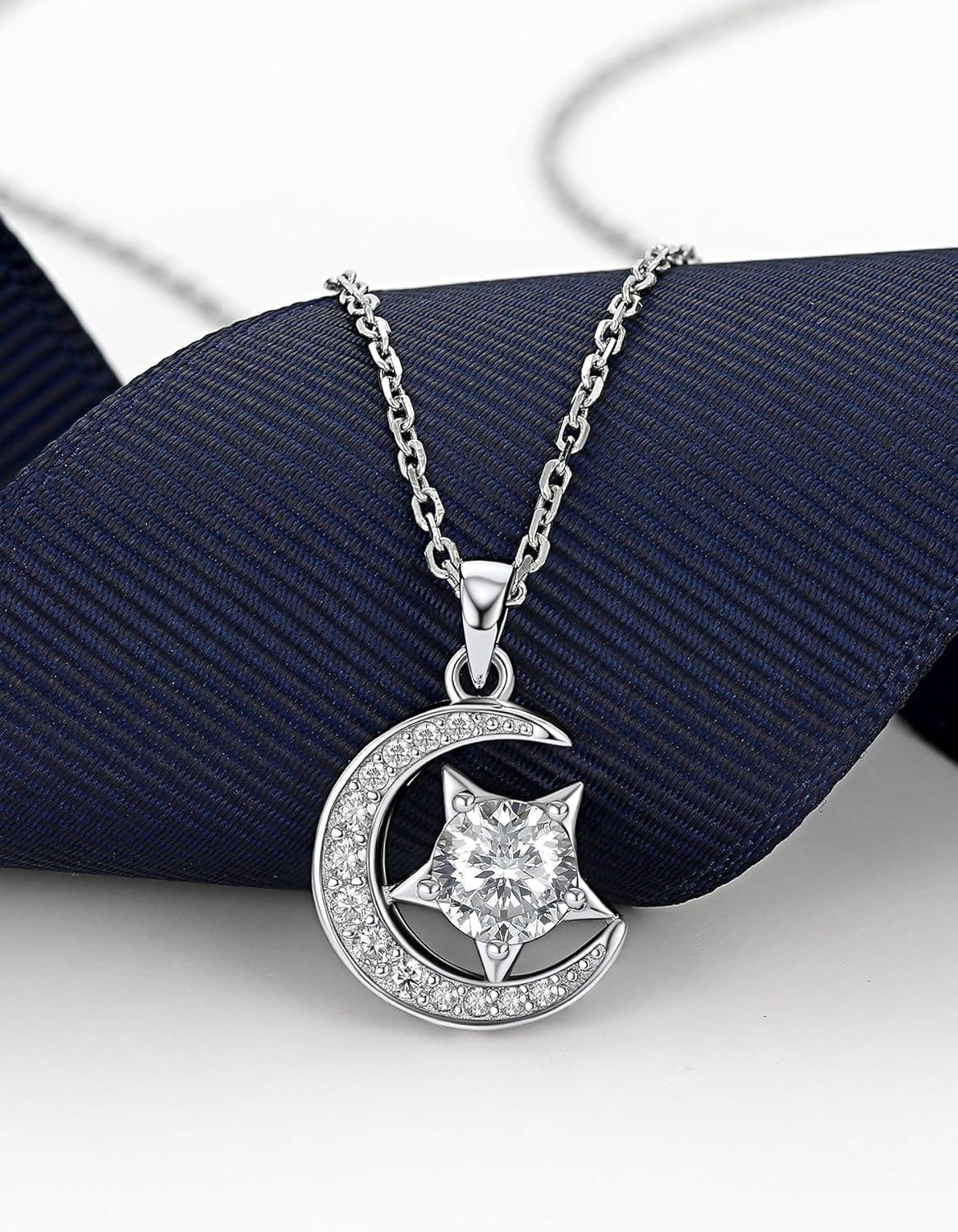 MomentWish Moissanite Halskette Damen Silber 925 Halbmond Stern 925 Damen Kette